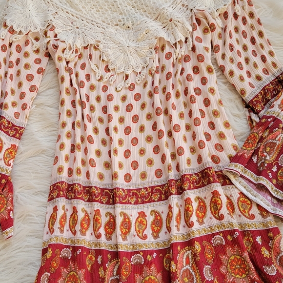 Tassels Lace Dress Cream Orange Paisley Boho Long Sleeve Crochet Peasant Neck S - Picture 4 of 10